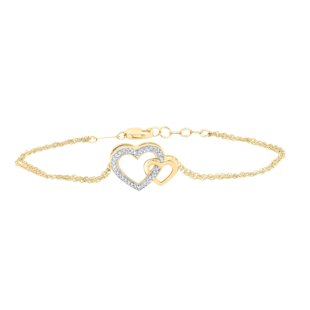 10kt Yellow Gold Womens Round Diamond Double Heart Bracelet 1/10 Cttw Daisy Joyeria