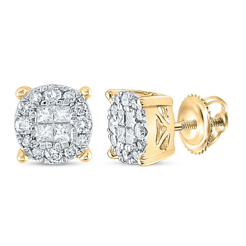 14kt Yellow Gold Womens Princess Round Diamond Cluster Earrings 1/4 Cttw Daisy Joyeria