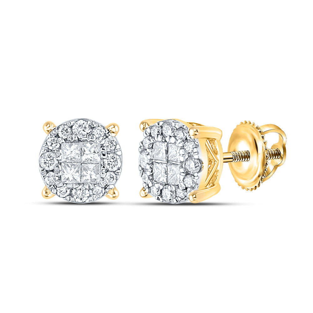 14kt Yellow Gold Womens Princess Round Diamond Cluster Earrings 1/2 Cttw Daisy Joyeria