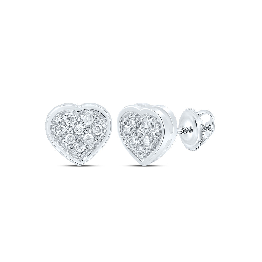10kt White Gold Womens Round Diamond Heart Cluster Screwback Earrings 1/20 Cttw Daisy Joyeria