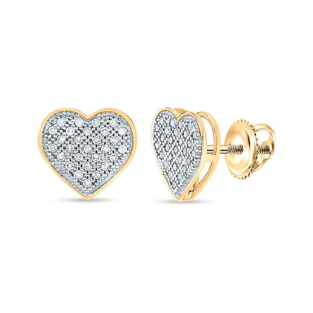 10kt Yellow Gold Womens Round Diamond Heart Cluster Screwback Earrings 1/6 Cttw Daisy Joyeria