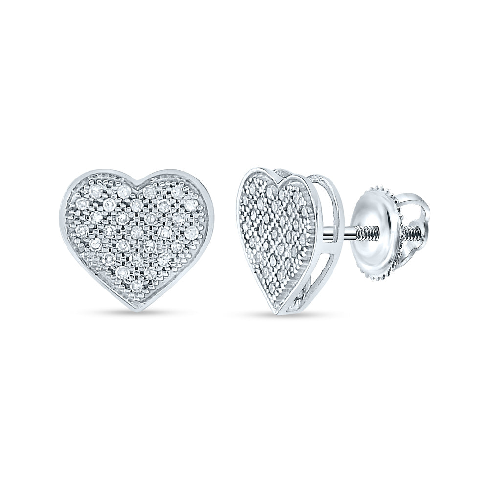 10kt White Gold Womens Round Diamond Heart Cluster Screwback Earrings 1/6 Cttw Daisy Joyeria