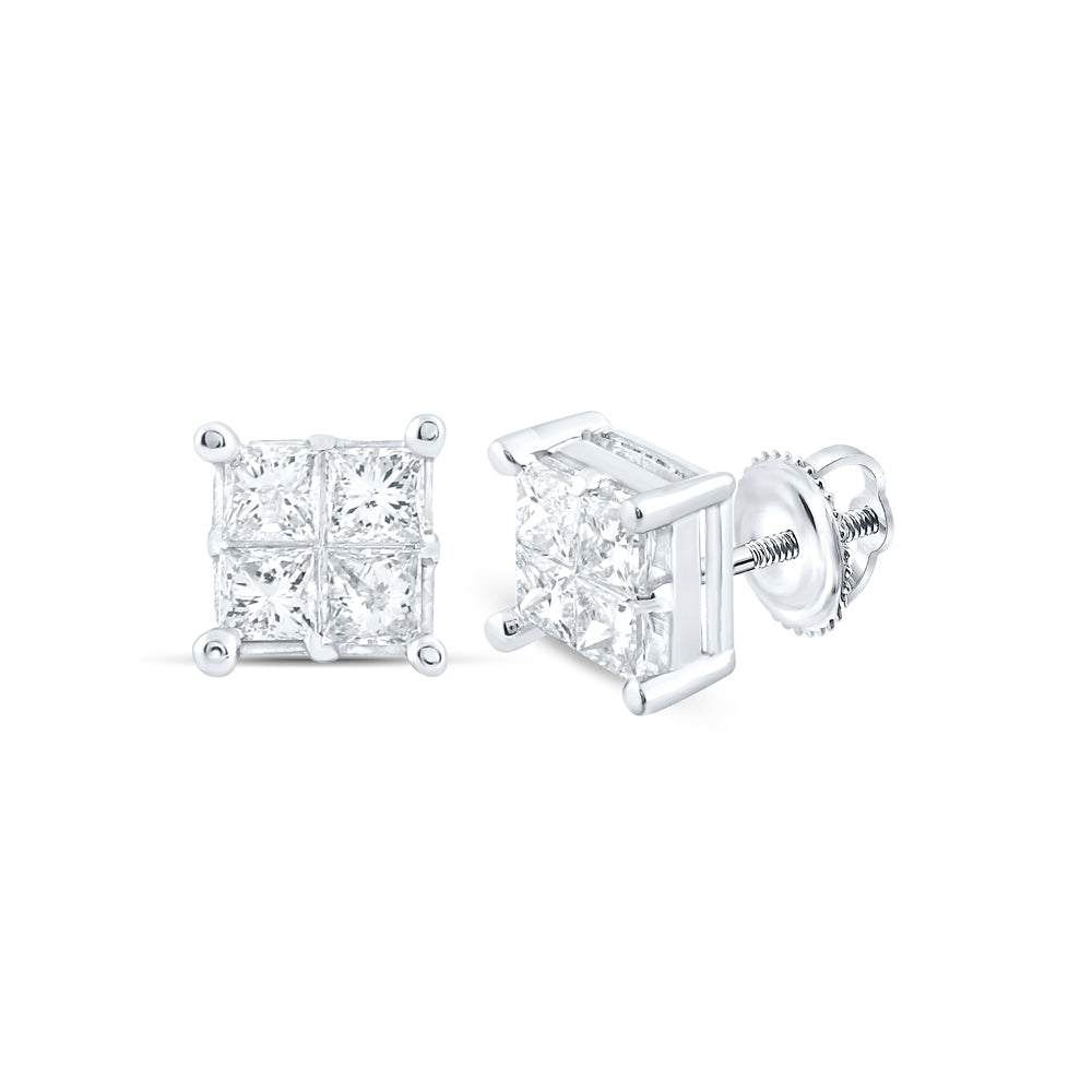 14kt White Gold Womens Princess Diamond Square Cluster Stud Earrings 1.00 Cttw Daisy Joyeria