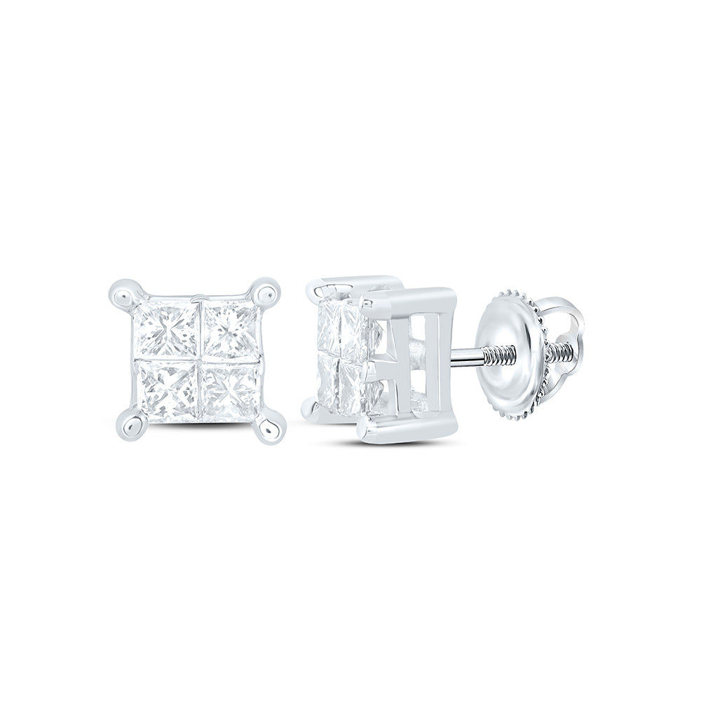 14kt White Gold Womens Princess Diamond Square Cluster Stud Earrings 1/4 Cttw Daisy Joyeria