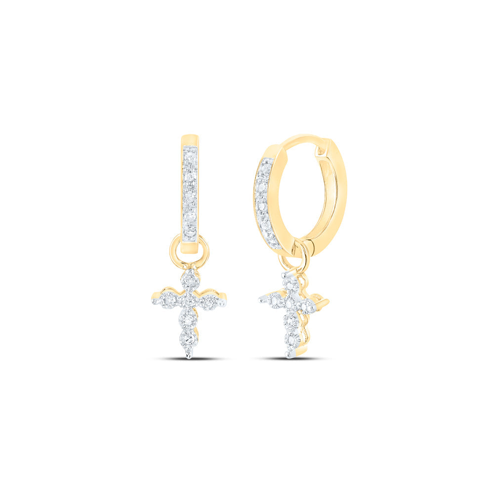 10kt Yellow Gold Womens Round Diamond Cross Dangle Hoop Earrings 1/10 Cttw Daisy Joyeria