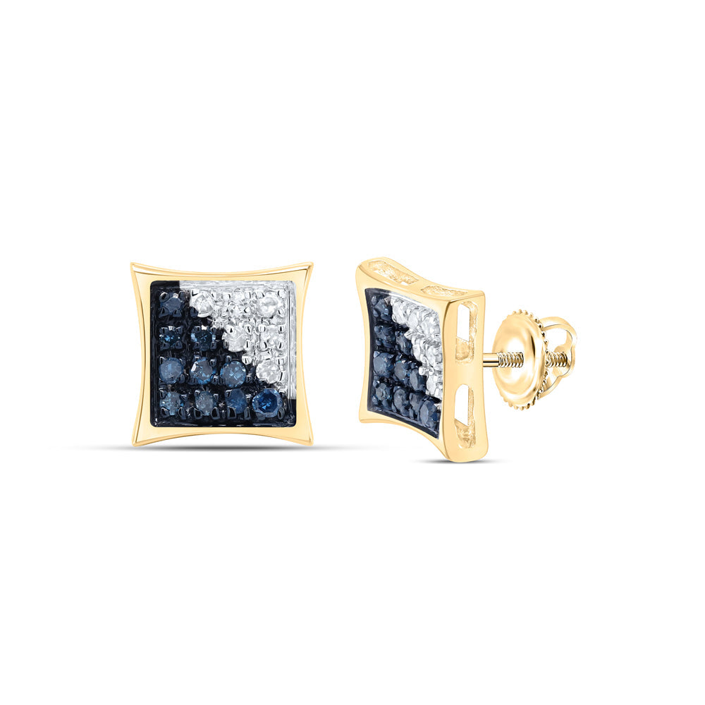 10kt Yellow Gold Mens Round Blue Color Enhanced Diamond Square Kite Cluster Earrings 1/10 Cttw Daisy Joyeria