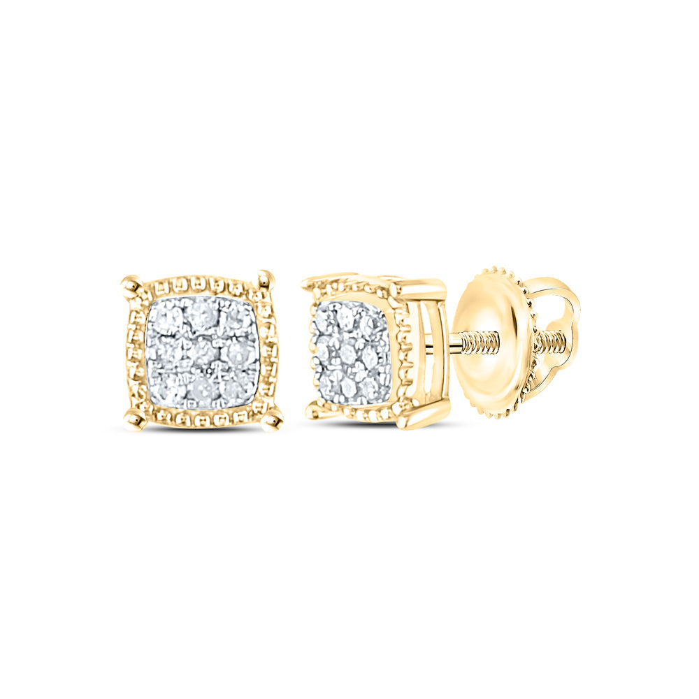 10kt Yellow Gold Mens Round Diamond Square Milgrain Cluster Earrings 1/10 Cttw Daisy Joyeria