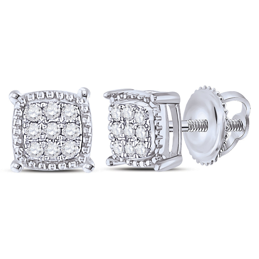 10kt White Gold Mens Round Diamond Square Milgrain Cluster Earrings 1/10 Cttw Daisy Joyeria