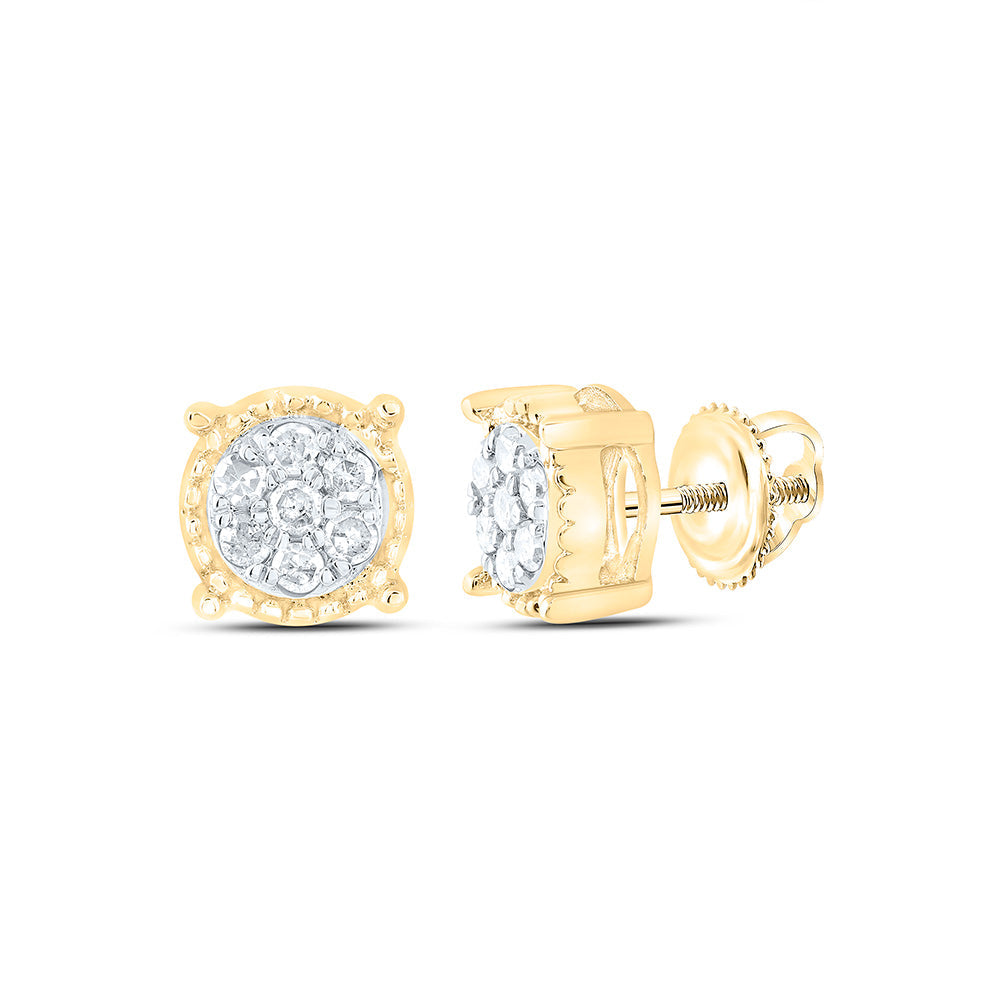 10kt Yellow Gold Womens Round Diamond Flower Cluster Milgrain Stud Earrings 1/10 Cttw Daisy Joyeria