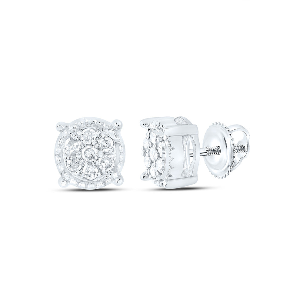 10kt White Gold Womens Round Diamond Flower Cluster Milgrain Stud Earrings 1/10 Cttw Daisy Joyeria