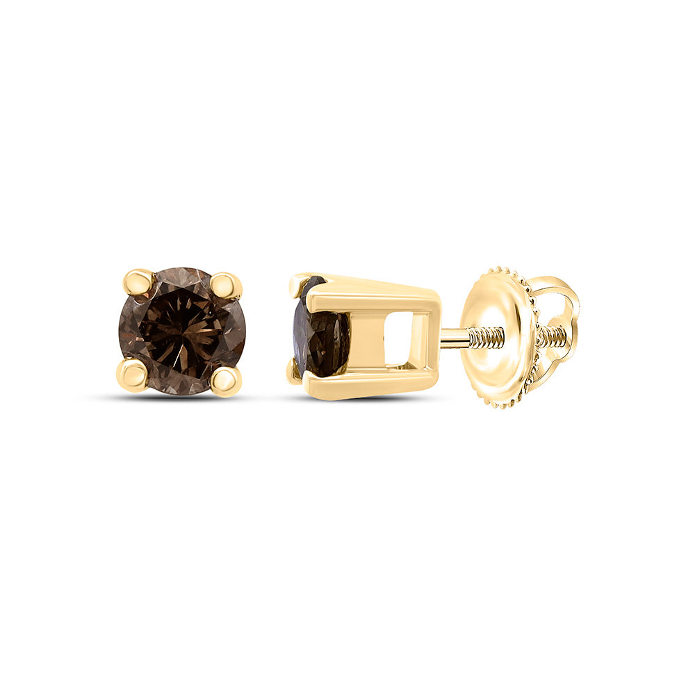 10kt Yellow Gold Womens Round Brown Diamond Solitaire Stud Earrings 1/4 Cttw Daisy Joyeria