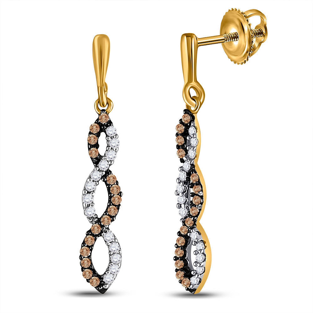 10kt Yellow Gold Womens Round Brown Diamond Dangle Earrings 1/5 Cttw Daisy Joyeria