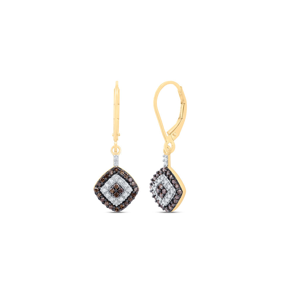 10kt Yellow Gold Womens Round Brown Diamond Square Dangle Earrings 1/2 Cttw Daisy Joyeria