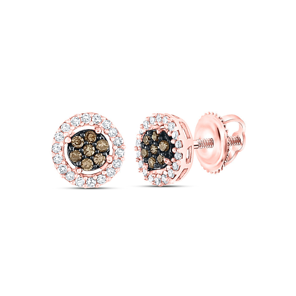 10kt Rose Gold Womens Round Brown Diamond Flower Cluster Earrings 1/4 Cttw Daisy Joyeria