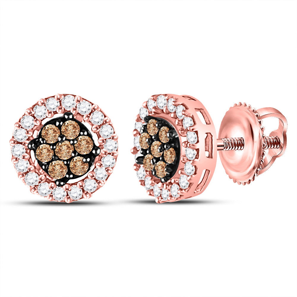 10kt Rose Gold Womens Round Brown Diamond Flower Cluster Earrings 1/4 Cttw Daisy Joyeria