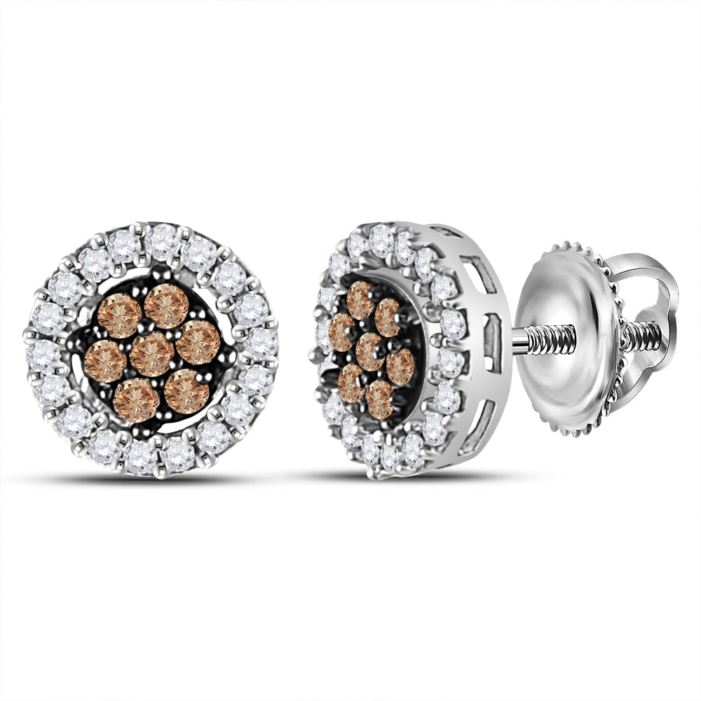 10k White Gold Womens Brown Diamond Flower Cluster Screwback Stud Earrings 1/4 Cttw Daisy Joyeria