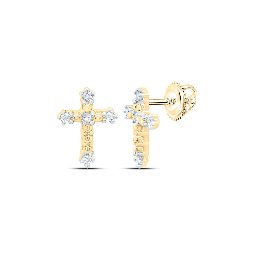 14kt Yellow Gold Womens Round Diamond Cross Earrings 1/20 Cttw Daisy Joyeria