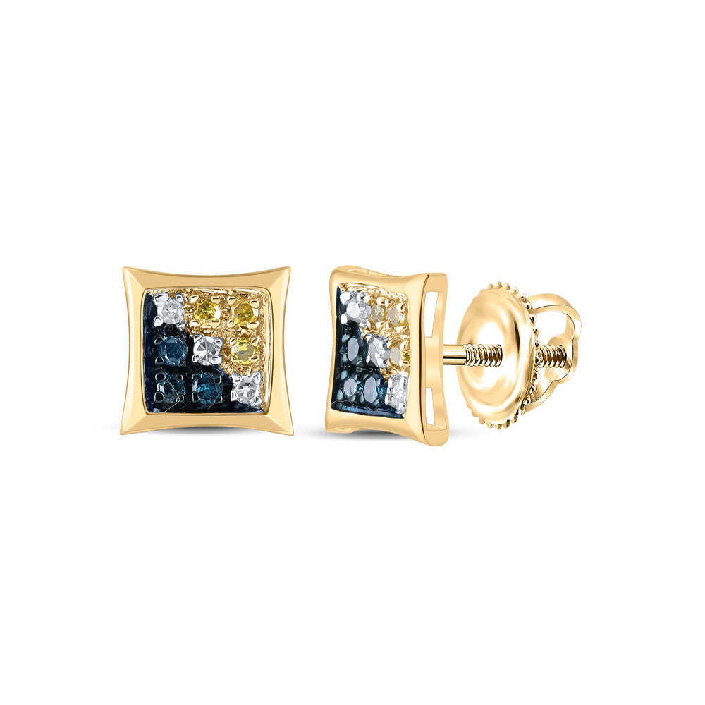 10kt Yellow Gold Mens Round Blue Color Enhanced Diamond Square Kite Earrings 1/20 Cttw Daisy Joyeria