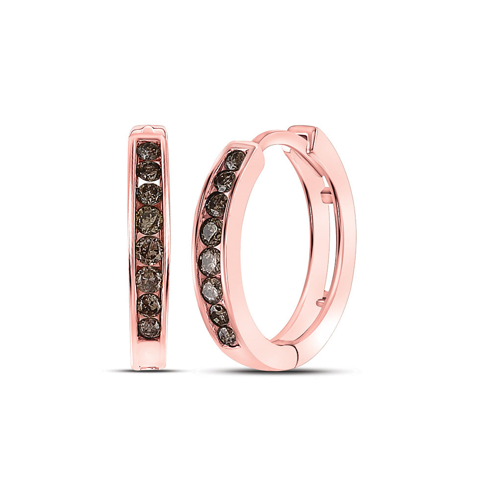 10kt Rose Gold Womens Round Brown Diamond Hoop Earrings 1/4 Cttw Daisy Joyeria