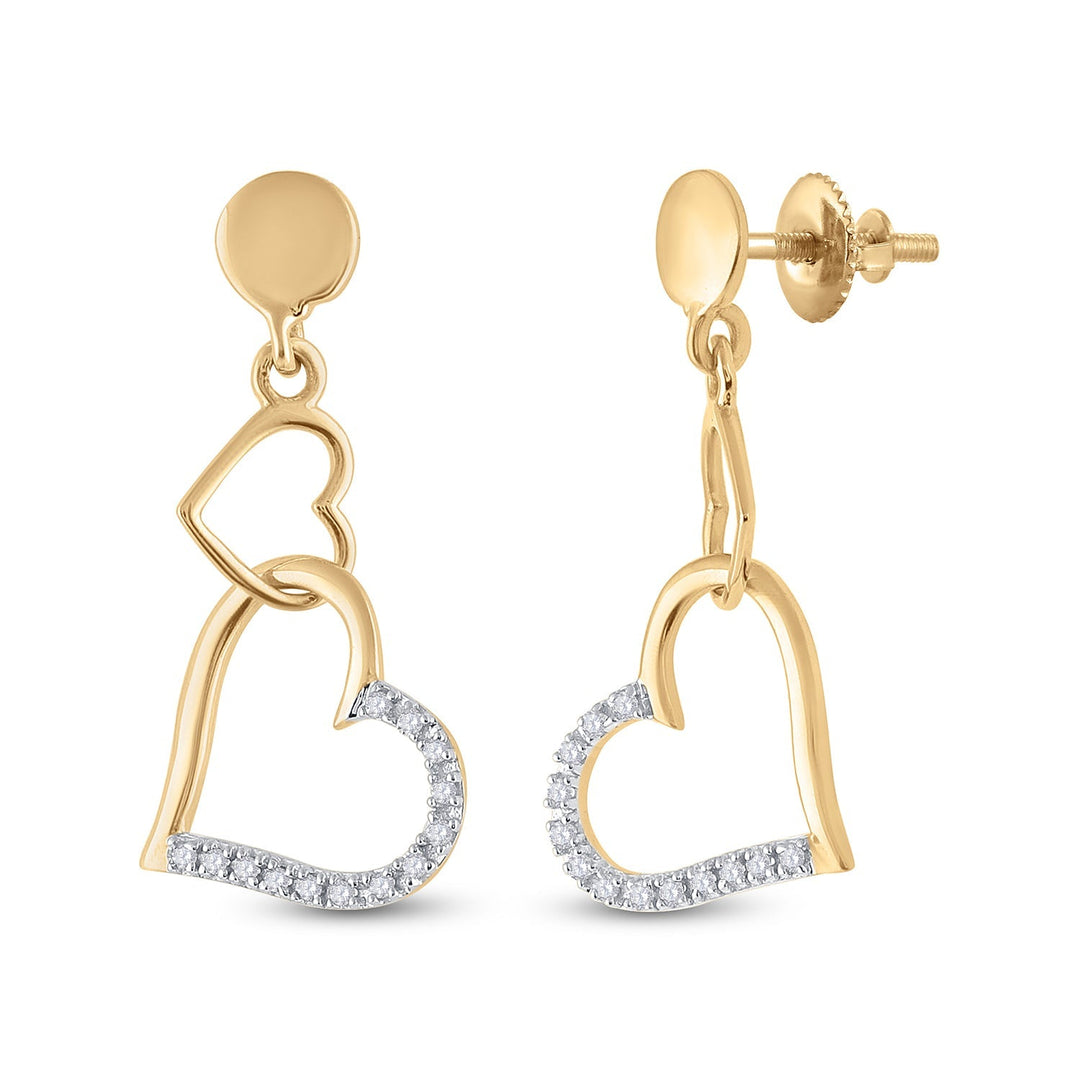 14kt Yellow Gold Womens Round Diamond Linked Hearts Dangle Screwback Earrings 1/10 Cttw Daisy Joyeria