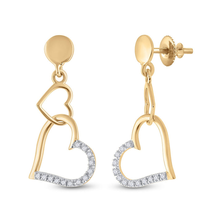 14kt Yellow Gold Womens Round Diamond Linked Hearts Dangle Screwback Earrings 1/10 Cttw Daisy Joyeria