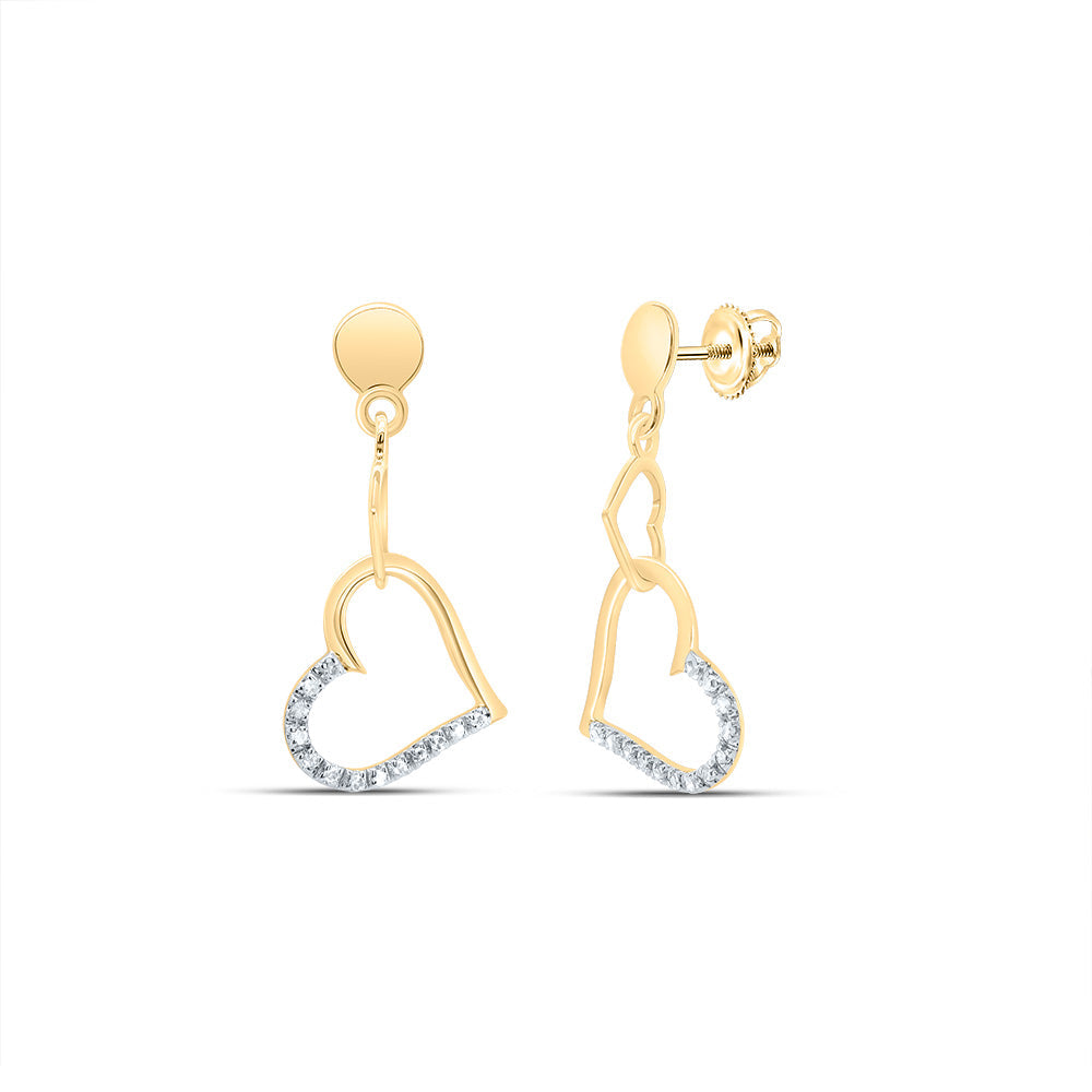 14kt Yellow Gold Womens Round Diamond Linked Hearts Dangle Screwback Earrings 1/10 Cttw Daisy Joyeria
