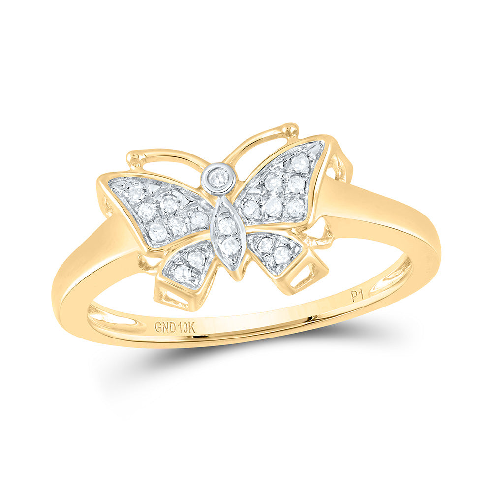 10kt Yellow Gold Womens Round Diamond Butterfly Bug Cluster Ring 1/12 Cttw 7 Daisy Joyeria