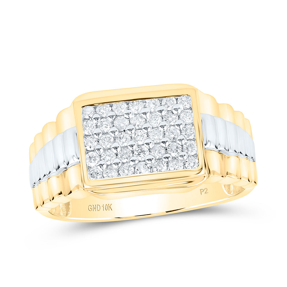 10kt Yellow Gold Mens Round Diamond Rectangle Cluster Ribbed Two-tone Ring 1/2 Cttw 10 Daisy Joyeria