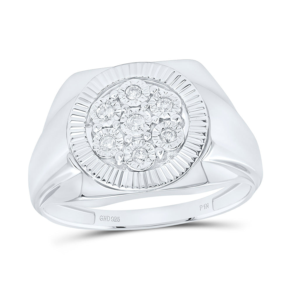 Sterling Silver Mens Round Diamond Flower Cluster Illusion-set Ring 1/10 Cttw 10 Daisy Joyeria