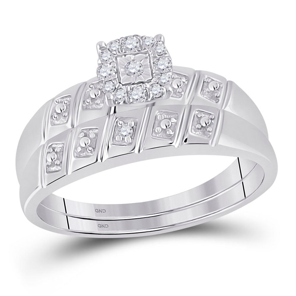Sterling Silver His Hers Round Diamond Cluster Matching Bridal Wedding Ring Band Set 1/10 Cttw 7 Daisy Joyeria