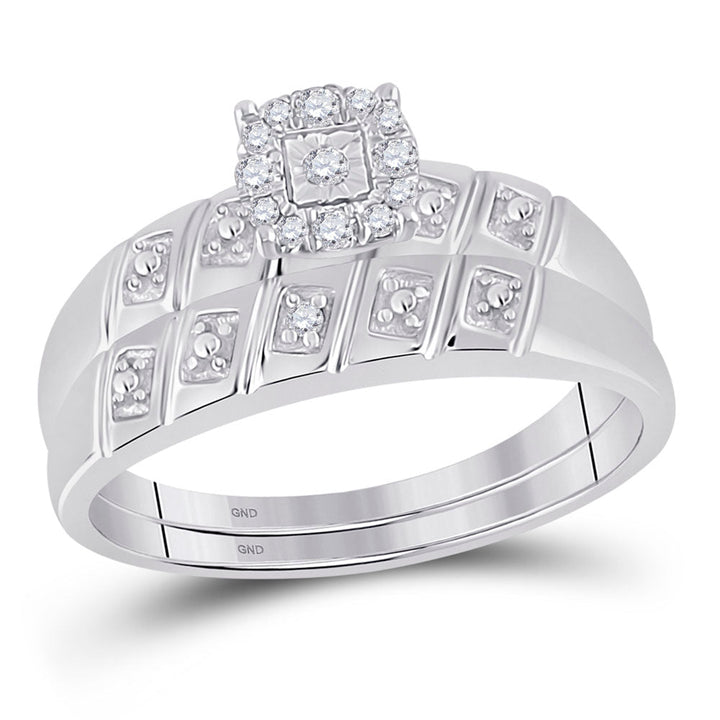 Sterling Silver His Hers Round Diamond Cluster Matching Bridal Wedding Ring Band Set 1/10 Cttw 7 Daisy Joyeria