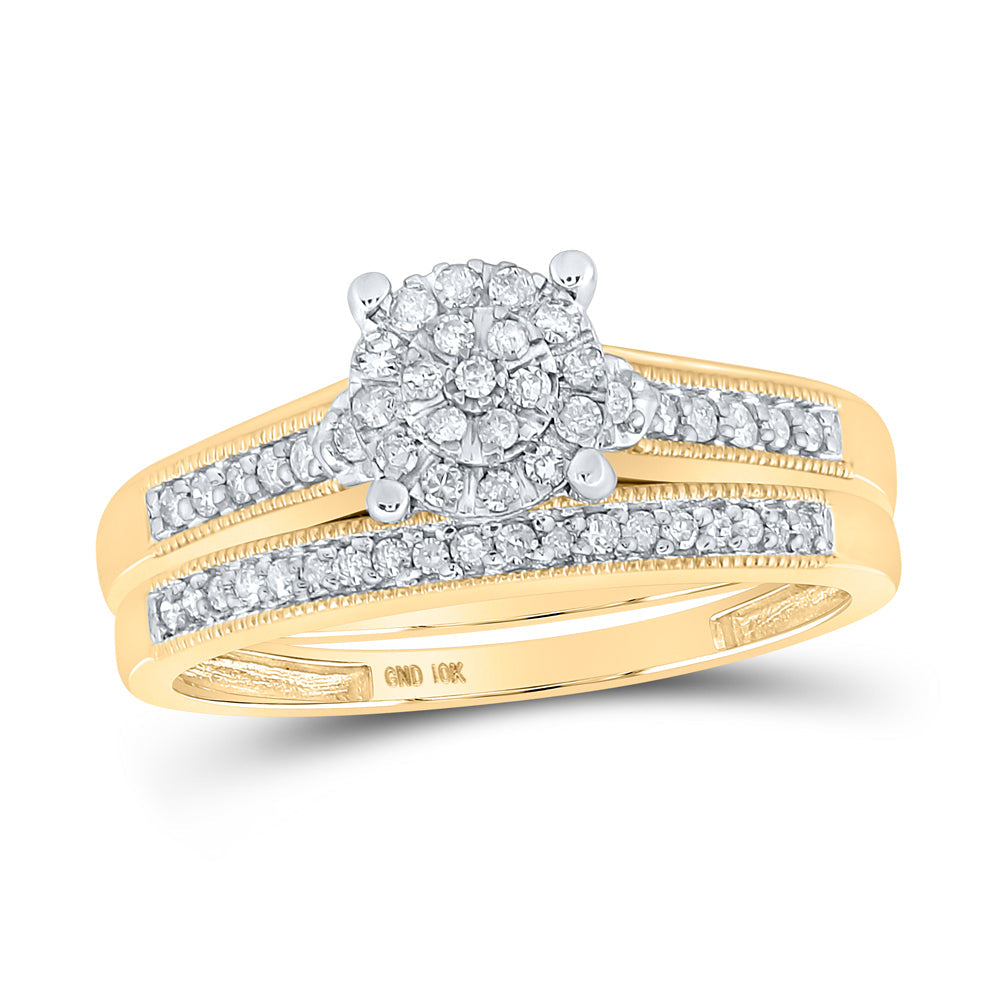 10kt Yellow Gold His Hers Round Diamond Cluster Matching Bridal Wedding Ring Band Set 3/8 Cttw 7 Daisy Joyeria