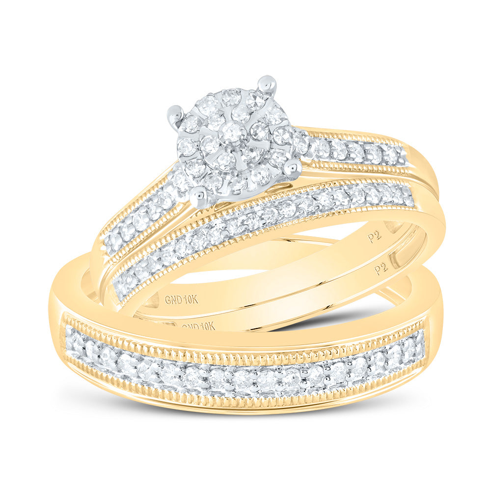10kt Yellow Gold His Hers Round Diamond Cluster Matching Bridal Wedding Ring Band Set 3/8 Cttw 7 Daisy Joyeria