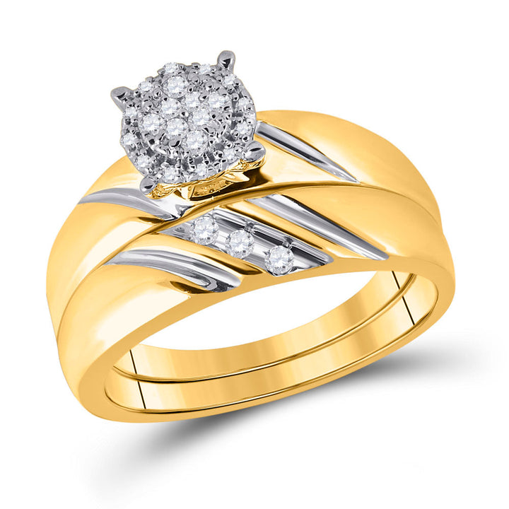 10k Yellow Gold Round Diamond His & Hers Matching Trio Wedding Bridal Engagement Ring Band Set 1/5 Cttw 7 Daisy Joyeria
