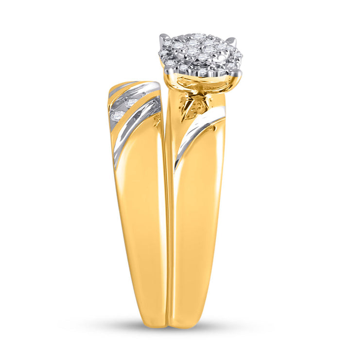 10k Yellow Gold Round Diamond His & Hers Matching Trio Wedding Bridal Engagement Ring Band Set 1/5 Cttw 7 Daisy Joyeria