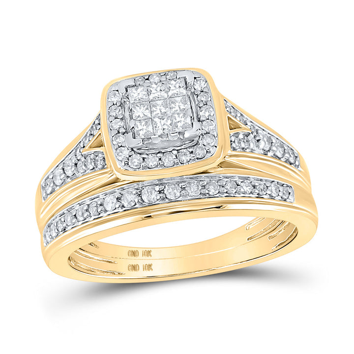 10kt Yellow Gold His Hers Princess Diamond Cluster Matching Bridal Wedding Ring Band Set 3/4 Cttw 7 Daisy Joyeria