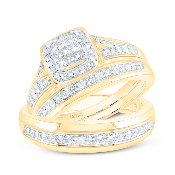 10kt Yellow Gold His Hers Princess Diamond Cluster Matching Bridal Wedding Ring Band Set 3/4 Cttw 7 Daisy Joyeria