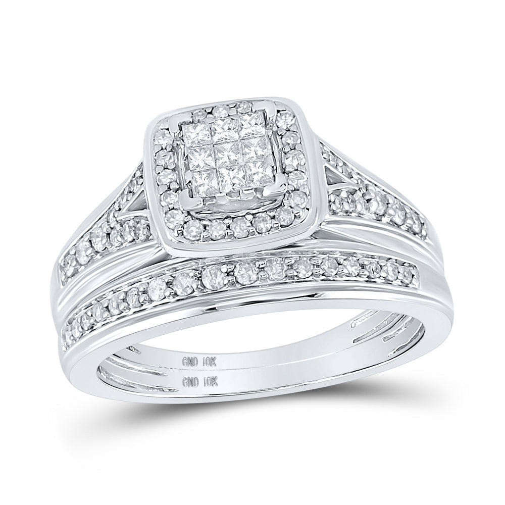 10kt White Gold His Hers Princess Diamond Cushion Matching Bridal Wedding Ring Band Set 3/4 Cttw 7 Daisy Joyeria