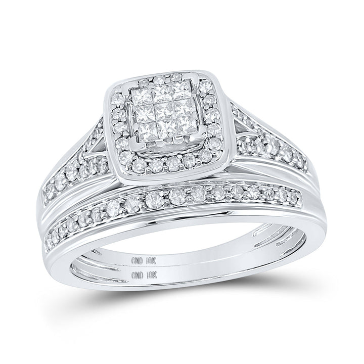 10kt White Gold His Hers Princess Diamond Cushion Matching Bridal Wedding Ring Band Set 3/4 Cttw 7 Daisy Joyeria