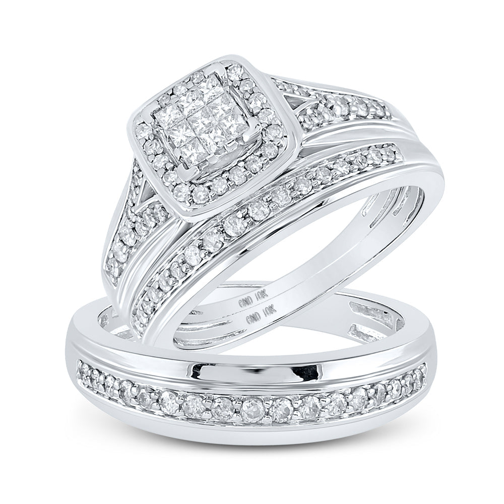 10kt White Gold His Hers Princess Diamond Cushion Matching Bridal Wedding Ring Band Set 3/4 Cttw 7 Daisy Joyeria