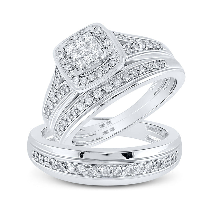 10kt White Gold His Hers Princess Diamond Cushion Matching Bridal Wedding Ring Band Set 3/4 Cttw 7 Daisy Joyeria