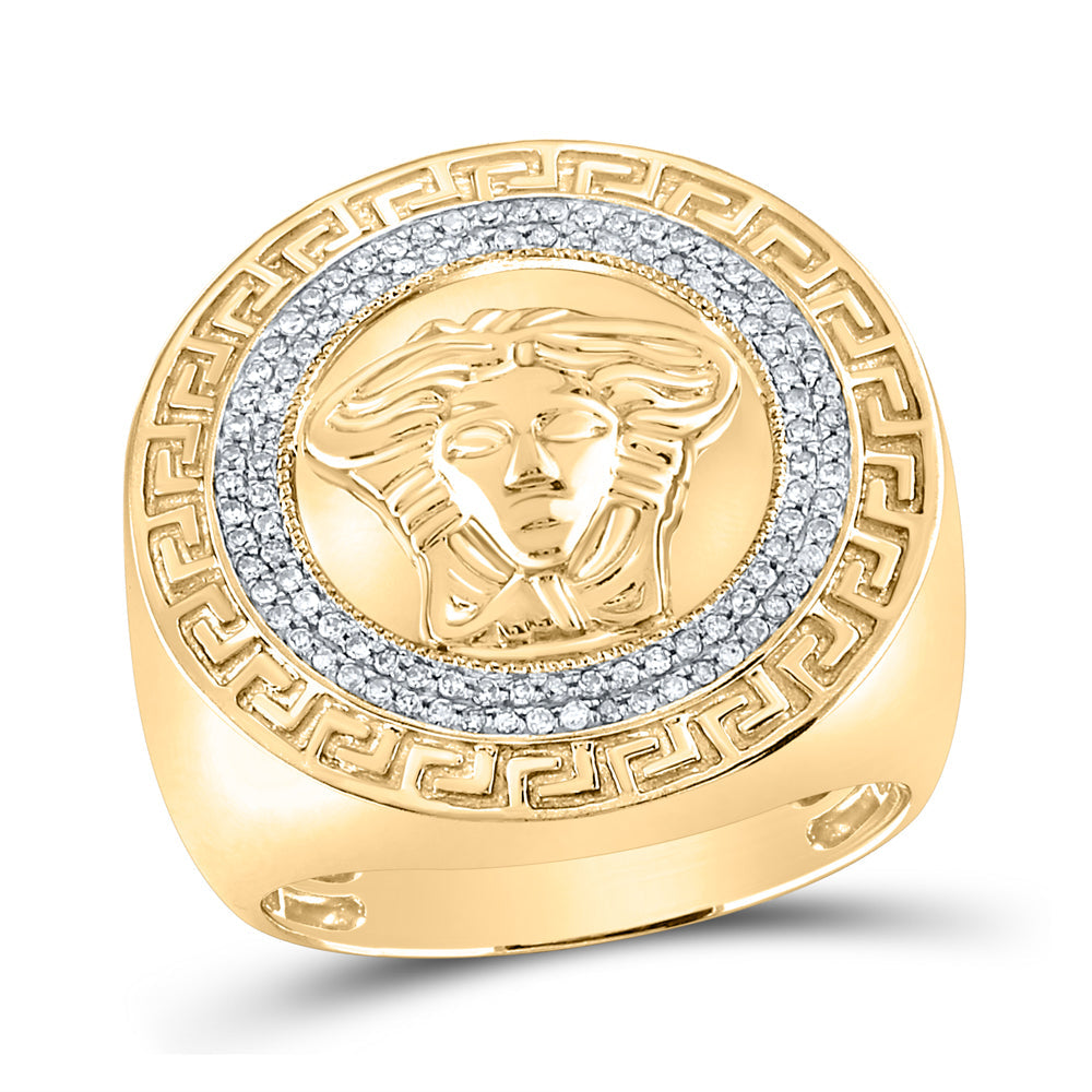 10kt Yellow Gold Mens Round Diamond Medusa Face Greek Key Fashion Ring 1/3 Cttw 10 Daisy Joyeria