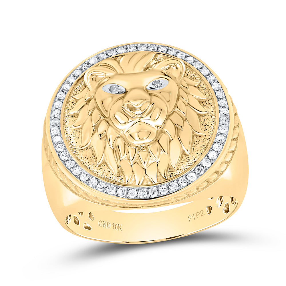 10kt Yellow Gold Mens Round Diamond Lion Head Mane Ring 1/3 Cttw 10 Daisy Joyeria
