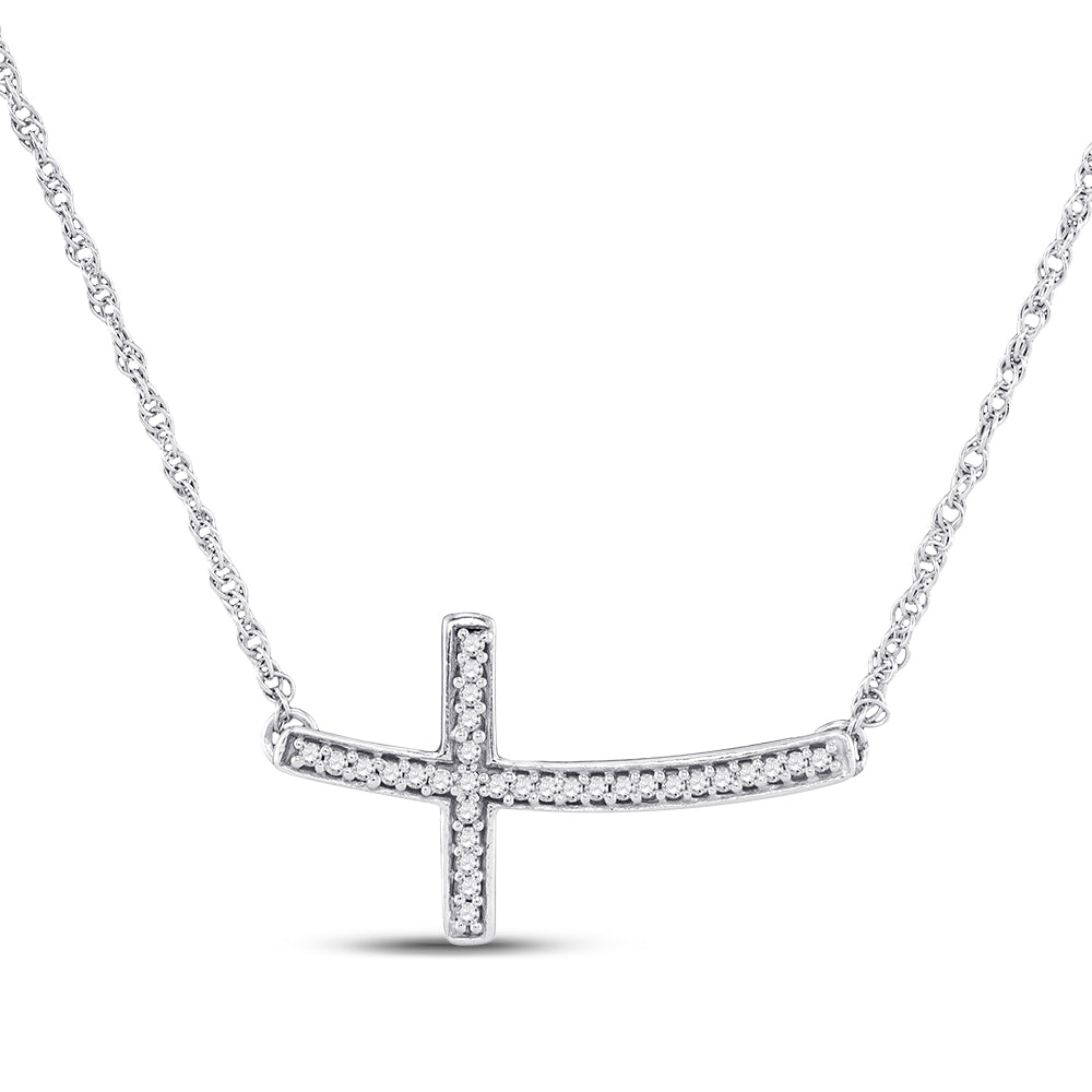 10kt White Gold Womens Round Diamond Horizontal Cross Pendant Necklace 1/10 Cttw Daisy Joyeria