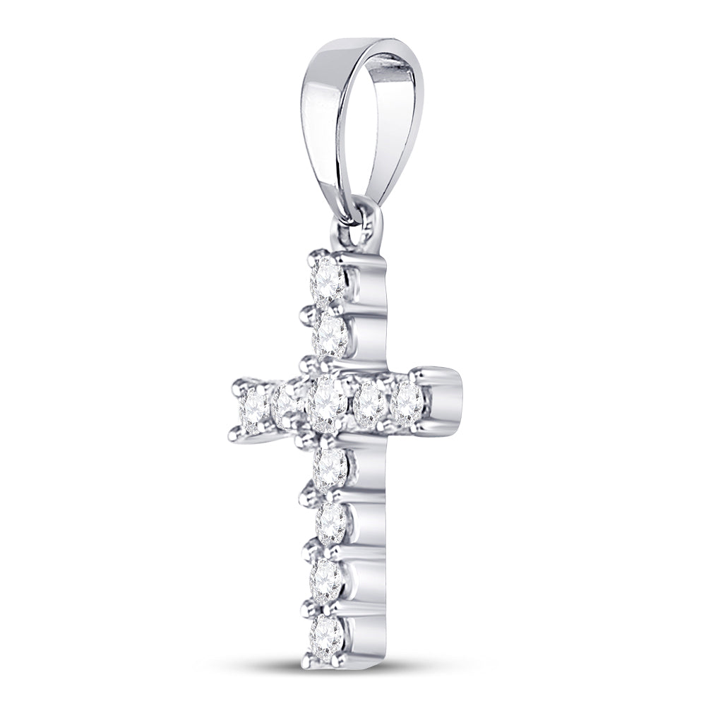 14kt White Gold Womens Round Diamond Cross Faith Pendant 1/8 Cttw Daisy Joyeria