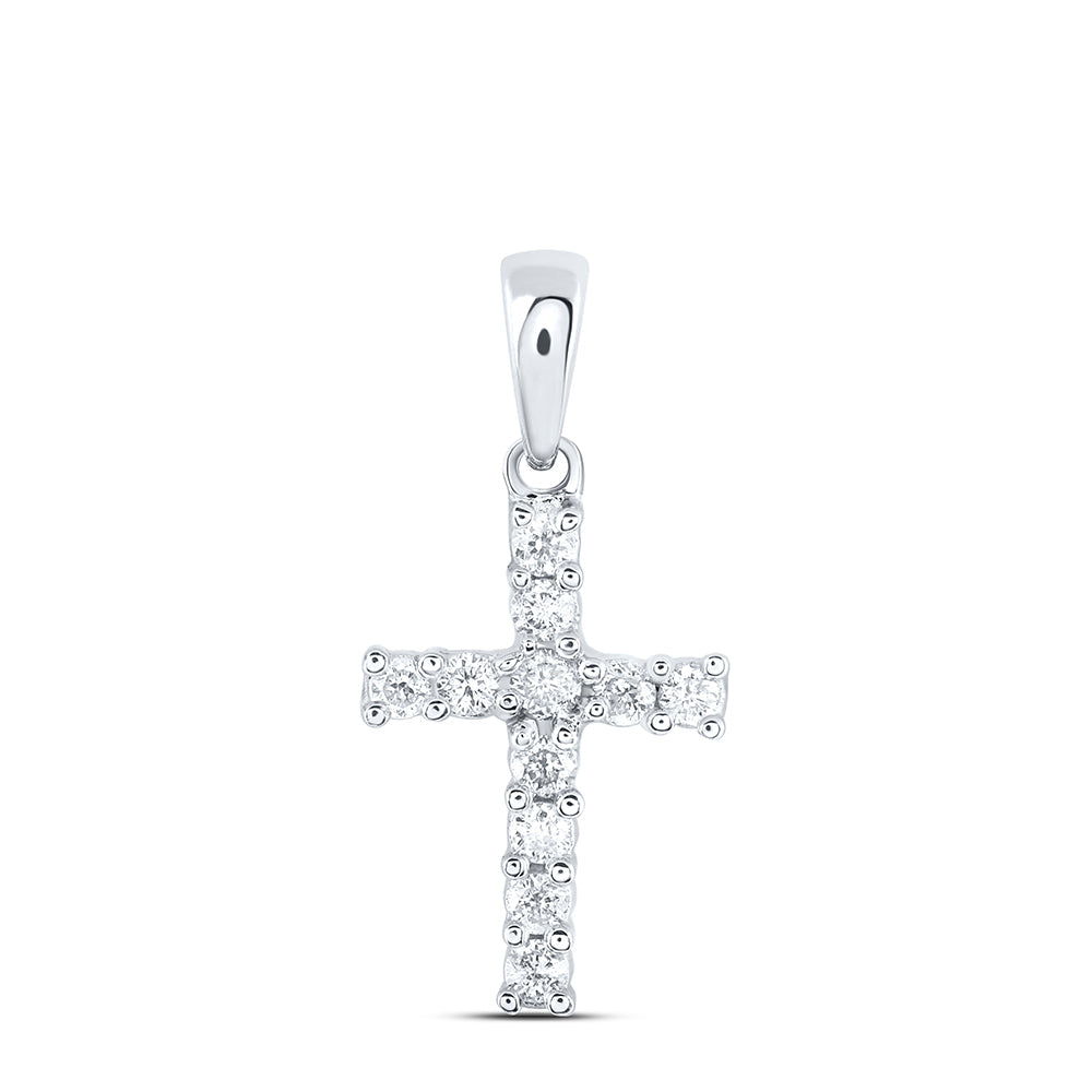 14kt White Gold Womens Round Diamond Cross Faith Pendant 1/8 Cttw Daisy Joyeria