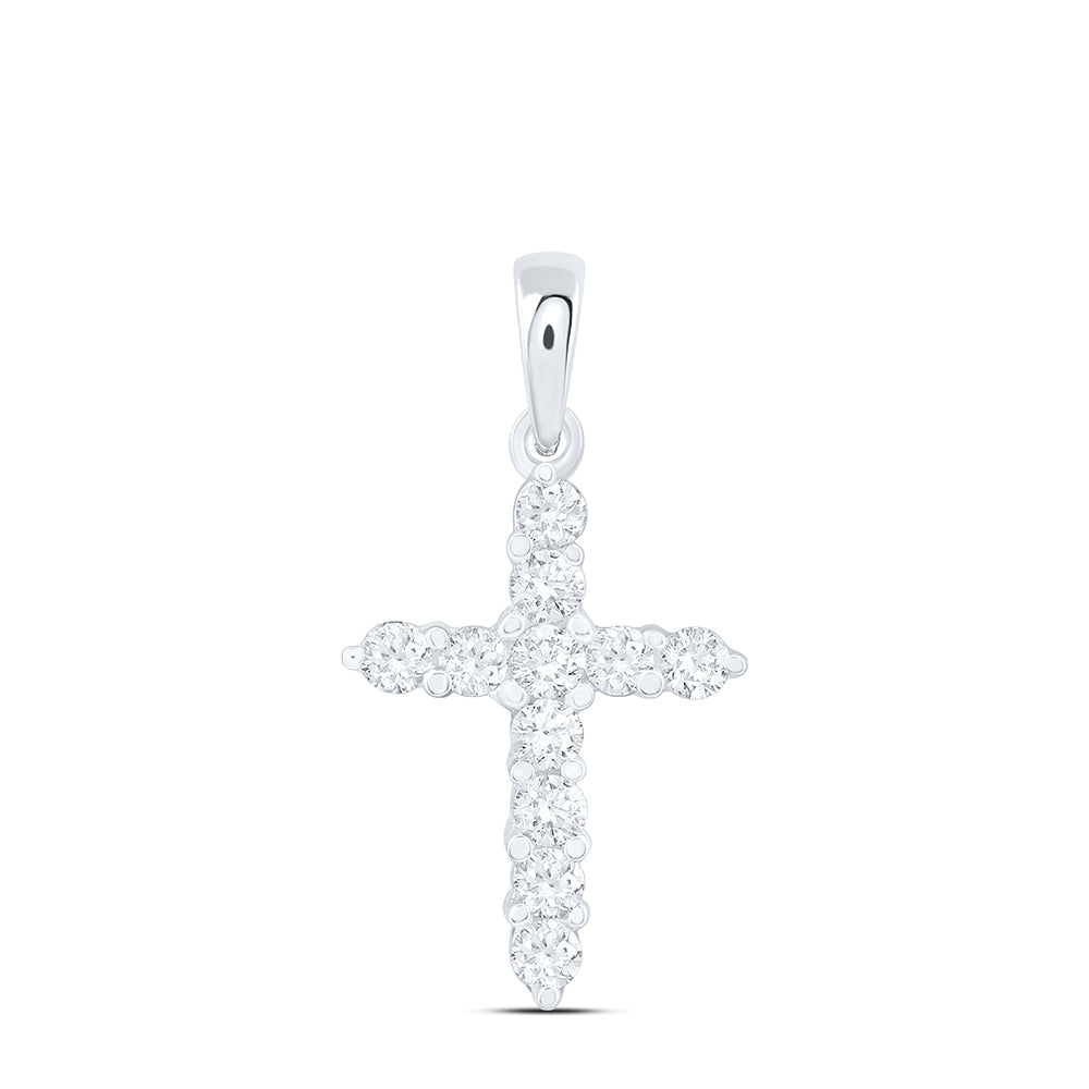 14kt White Gold Womens Round Diamond Cross Religious Pendant 1/4 Cttw Daisy Joyeria