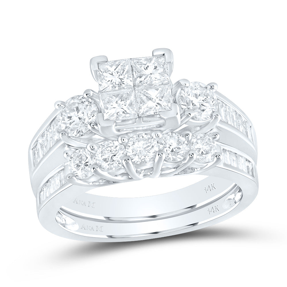 14kt White Gold Womens Princess Diamond Cluster Bridal Wedding Engagement Ring Band Set 2.00 Cttw 7 Daisy Joyeria