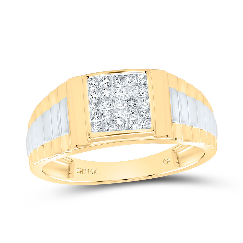 14kt Two-tone Gold Mens Princess Diamond Ribbed Cluster Ring 1/4 Cttw 10 Daisy Joyeria
