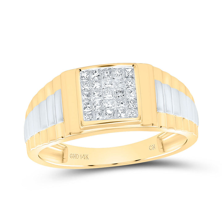 14kt Two-tone Gold Mens Princess Diamond Ribbed Cluster Ring 1/4 Cttw 10 Daisy Joyeria